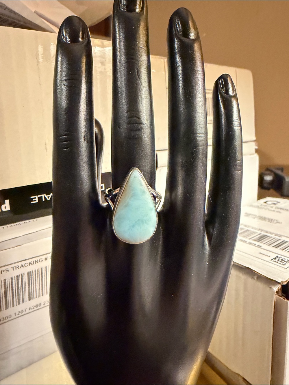 Sterling Silver 925 Teardrop Shape Larimar Ring Size 8.75
